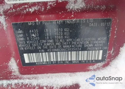 2012 Subaru Legacy 2.5I Premium из США, поврежденный, VIN 4S3BMBC66C3035024